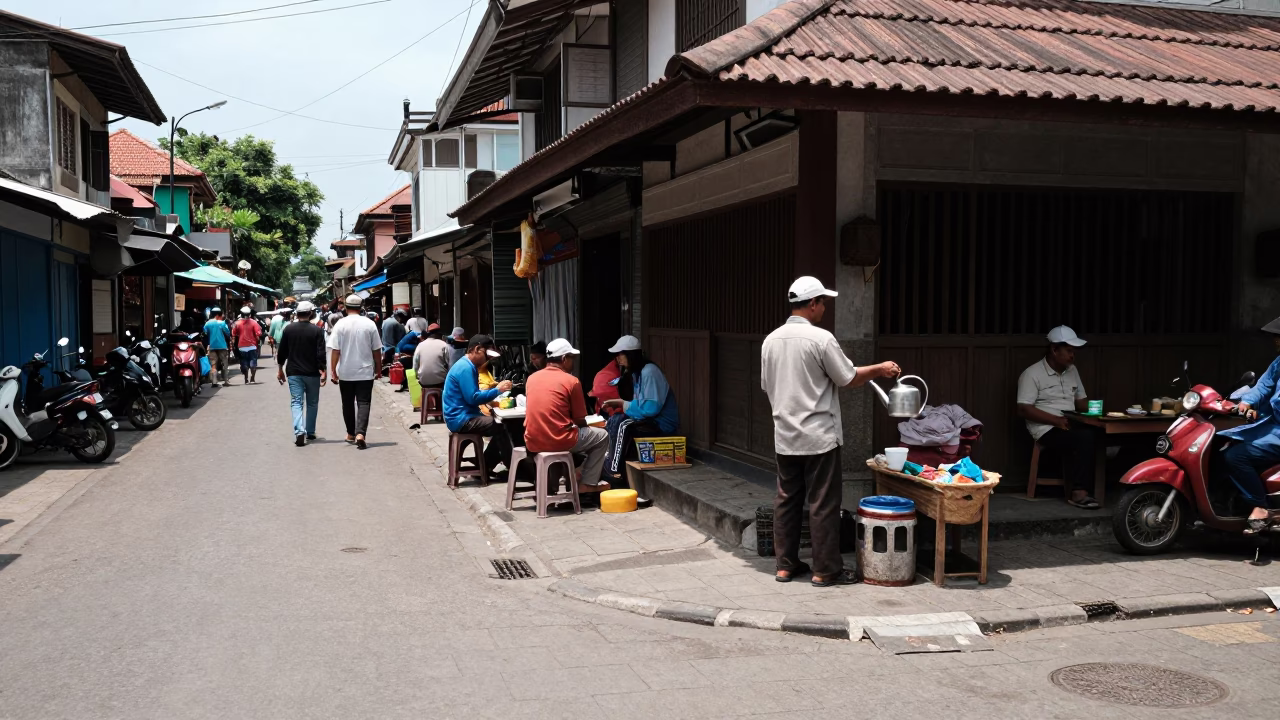 Yogyakarta Indonesia Noon Street Scene with Watering Jug and Local Market Activity in in Yogyakarta, Indonesia