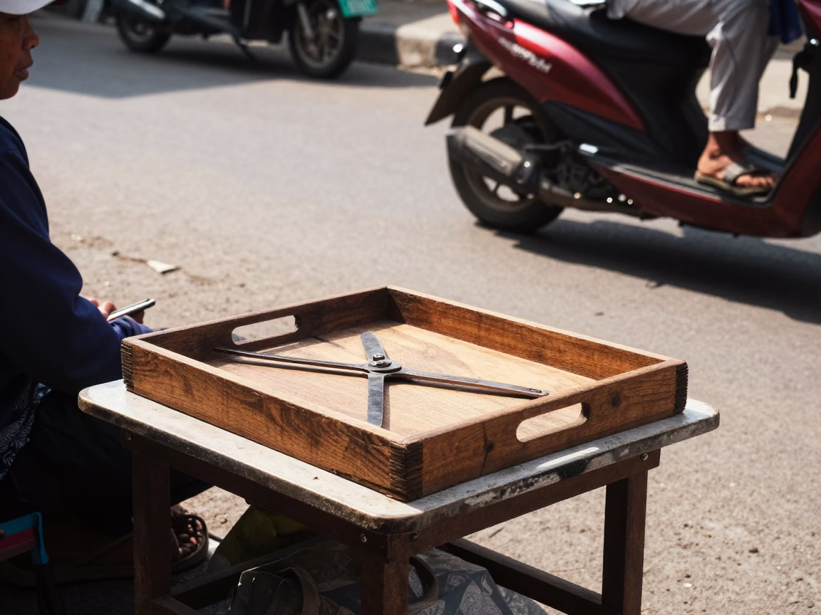 Yogyakarta Indonesia Noon Street Scene with Wooden Tray and Pruning Shears in in Yogyakarta, Indonesia