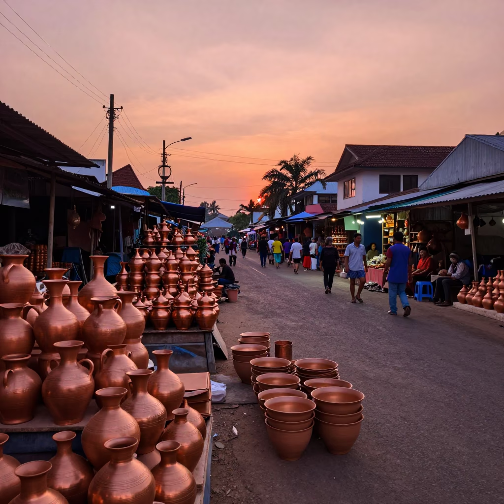 Yogyakarta Indonesia Pottery Market Stacked Wares in Copper Dusk Light in in Yogyakarta, Indonesia
