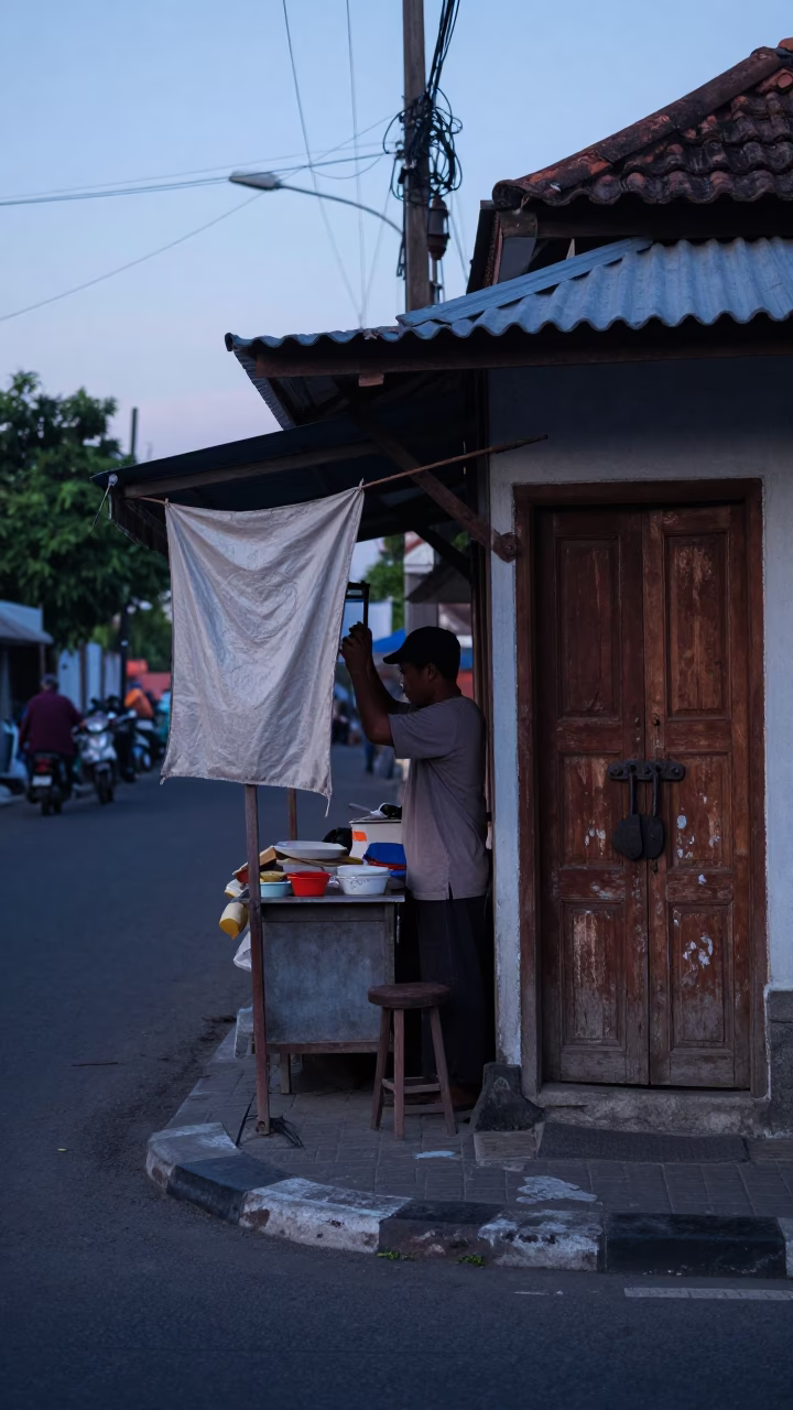 Yogyakarta Indonesia Pre-Dawn Street Scene with Iron Deadbolt and Local Commerce in in Yogyakarta, Indonesia