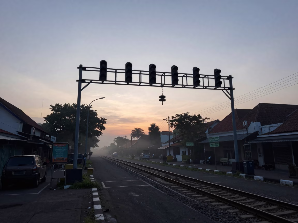 Yogyakarta Indonesia Pre-Dawn Street Scene with Signal Gantry and Morning Mist in in Yogyakarta, Indonesia