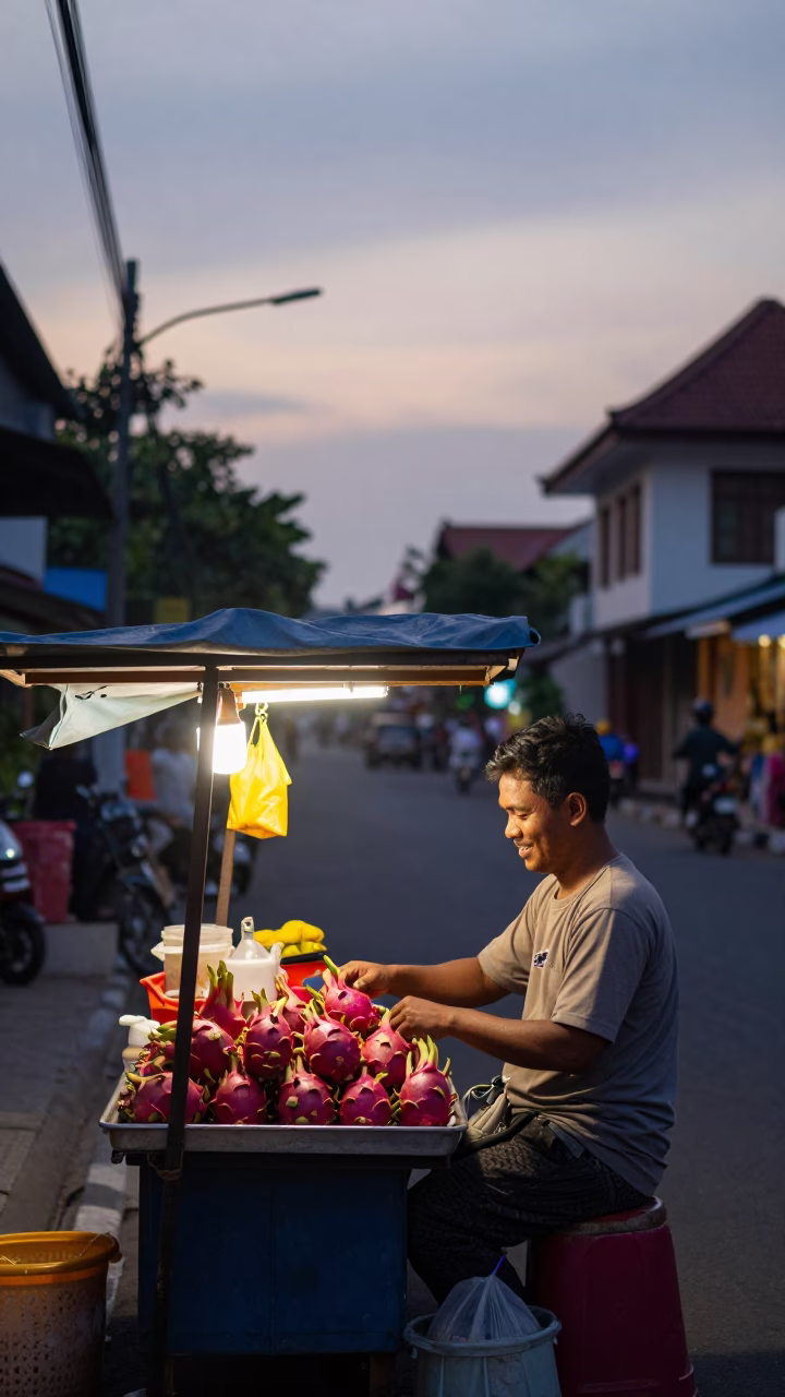 Yogyakarta Indonesia pre-dawn street scene with vendor and traditional elements in in Yogyakarta, Indonesia