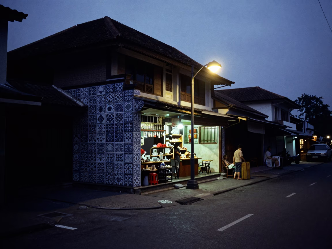Yogyakarta Indonesia Predawn Street Scene with Ceramic Tiles and Local Commerce in in Yogyakarta, Indonesia