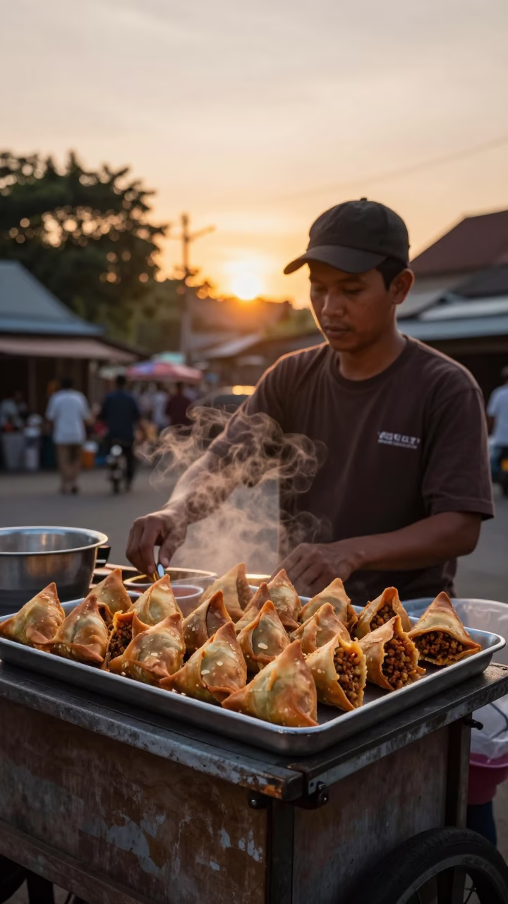 Yogyakarta Indonesia street food scene at sunset with sambusa and local vendors in in Yogyakarta, Indonesia