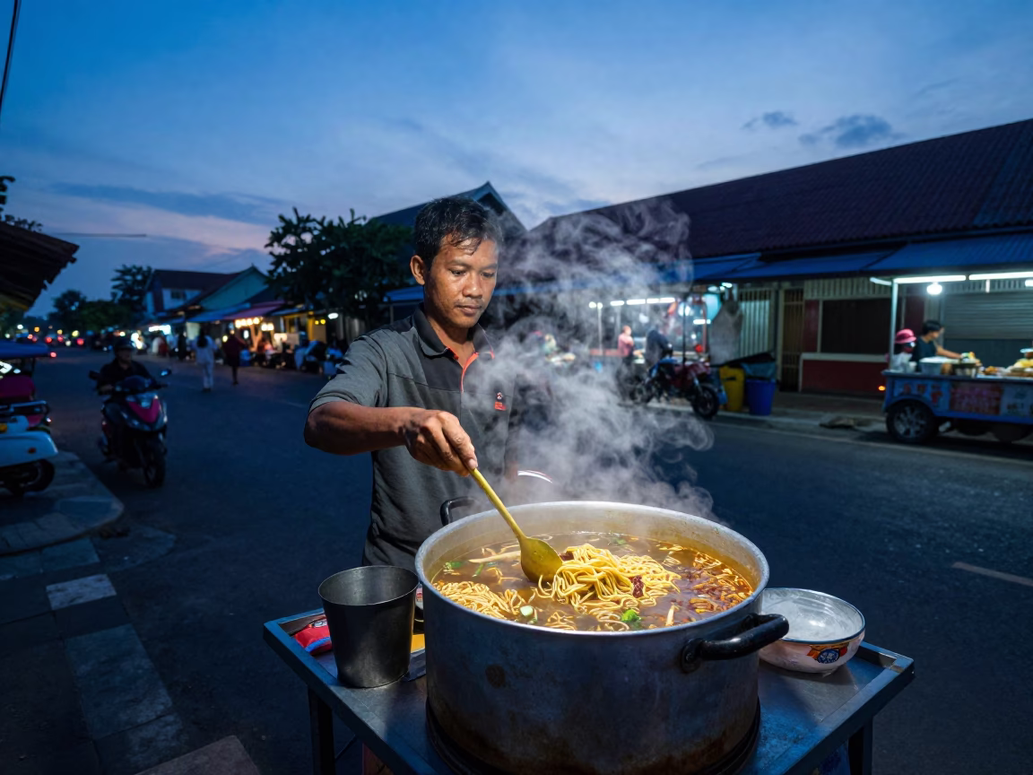 Yogyakarta Indonesia street food vendor serving hot noodles at blue hour twilight in in Yogyakarta, Indonesia