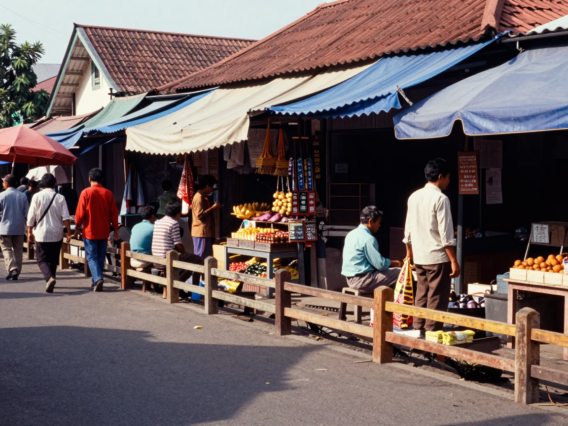 Yogyakarta Indonesia Street Market Midmorning Activity with Peg Rails and Local Commerce in in Yogyakarta, Indonesia