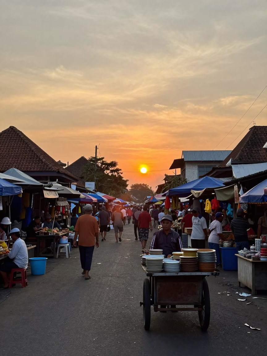 Yogyakarta Indonesia street market scene at sunset with local vendors and traditional food in in Yogyakarta, Indonesia
