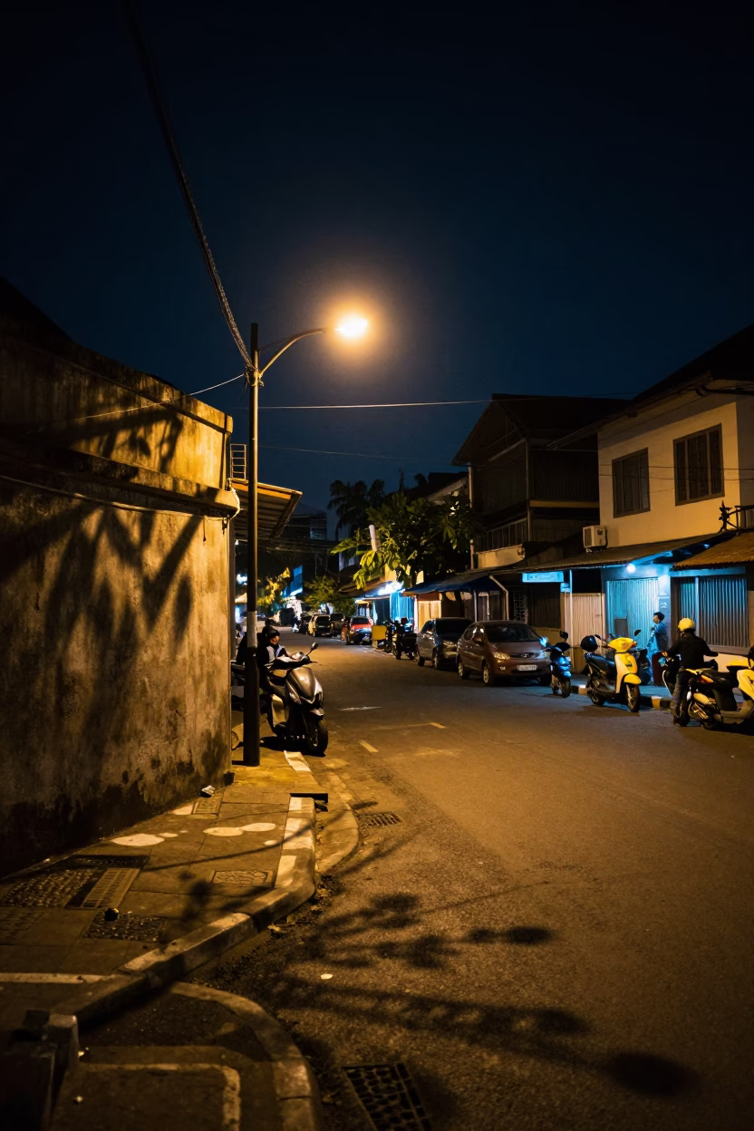 Yogyakarta Indonesia street night scene with leaf shadows and local activity in in Yogyakarta, Indonesia