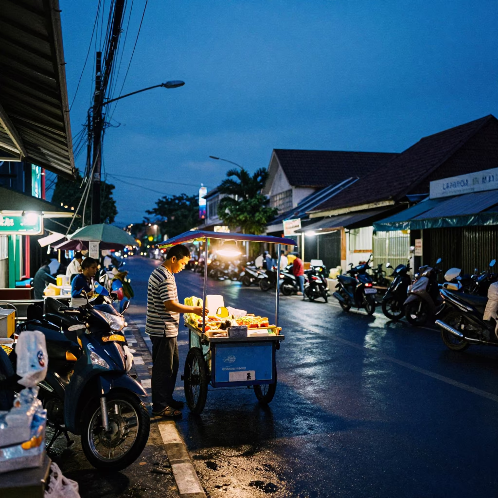 Yogyakarta Indonesia Street Scene at Blue Hour with Local Vendors and Motorcycles in in Yogyakarta, Indonesia