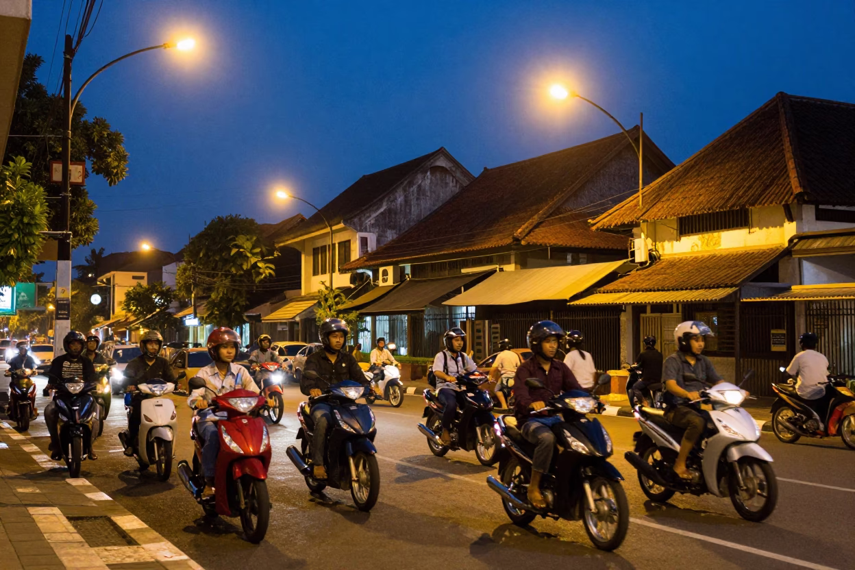 Yogyakarta Indonesia street scene at blue hour with motorbikes and traditional architecture in in Yogyakarta, Indonesia