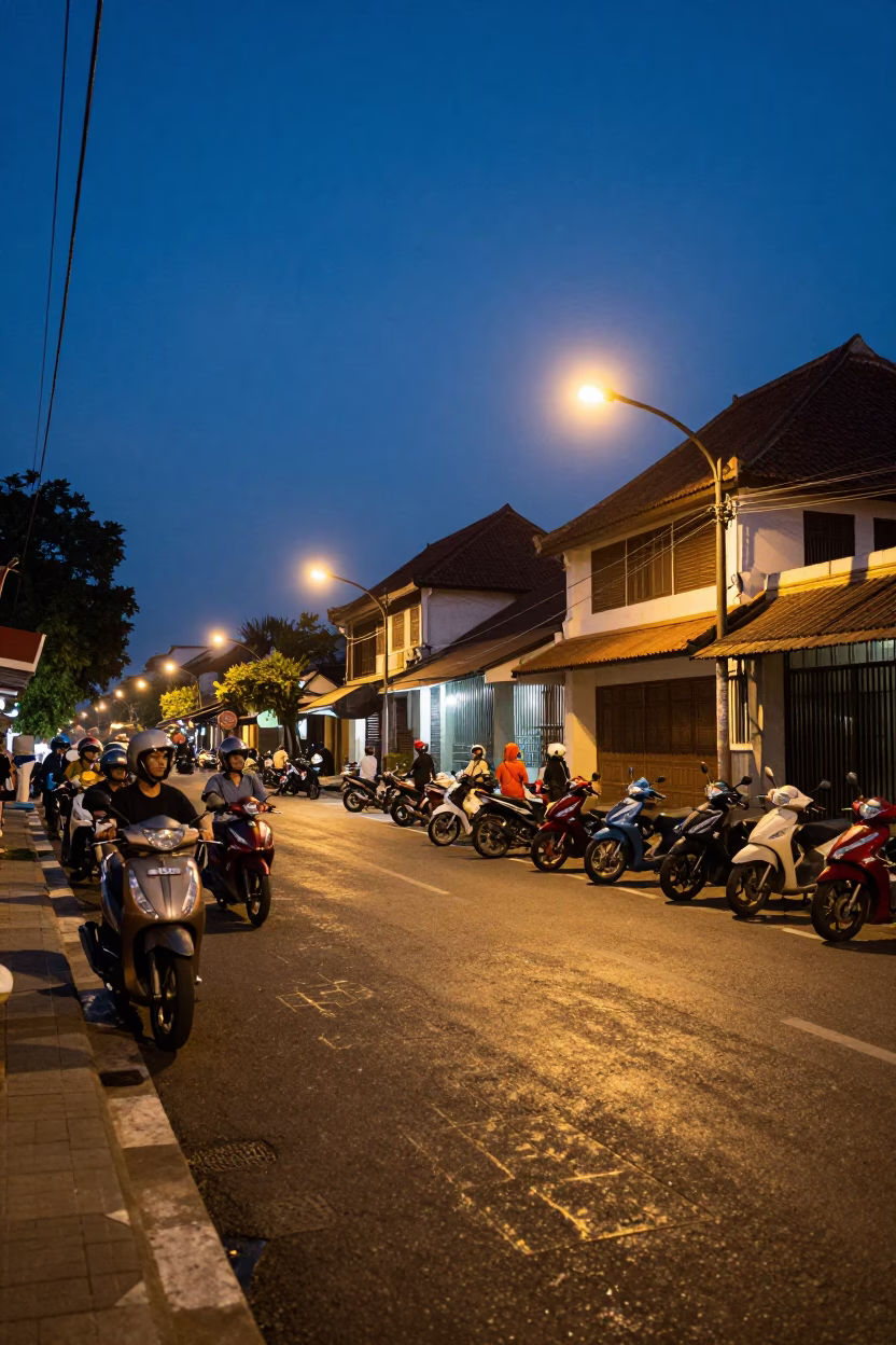 Yogyakarta Indonesia Street Scene at Blue Hour with Motorcycles and Traditional Architecture in in Yogyakarta, Indonesia
