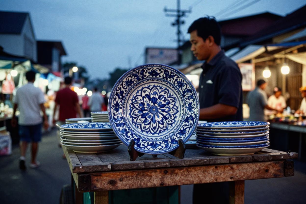 Yogyakarta Indonesia street scene at blue hour with vintage majolica plate on wooden stall in in Yogyakarta, Indonesia