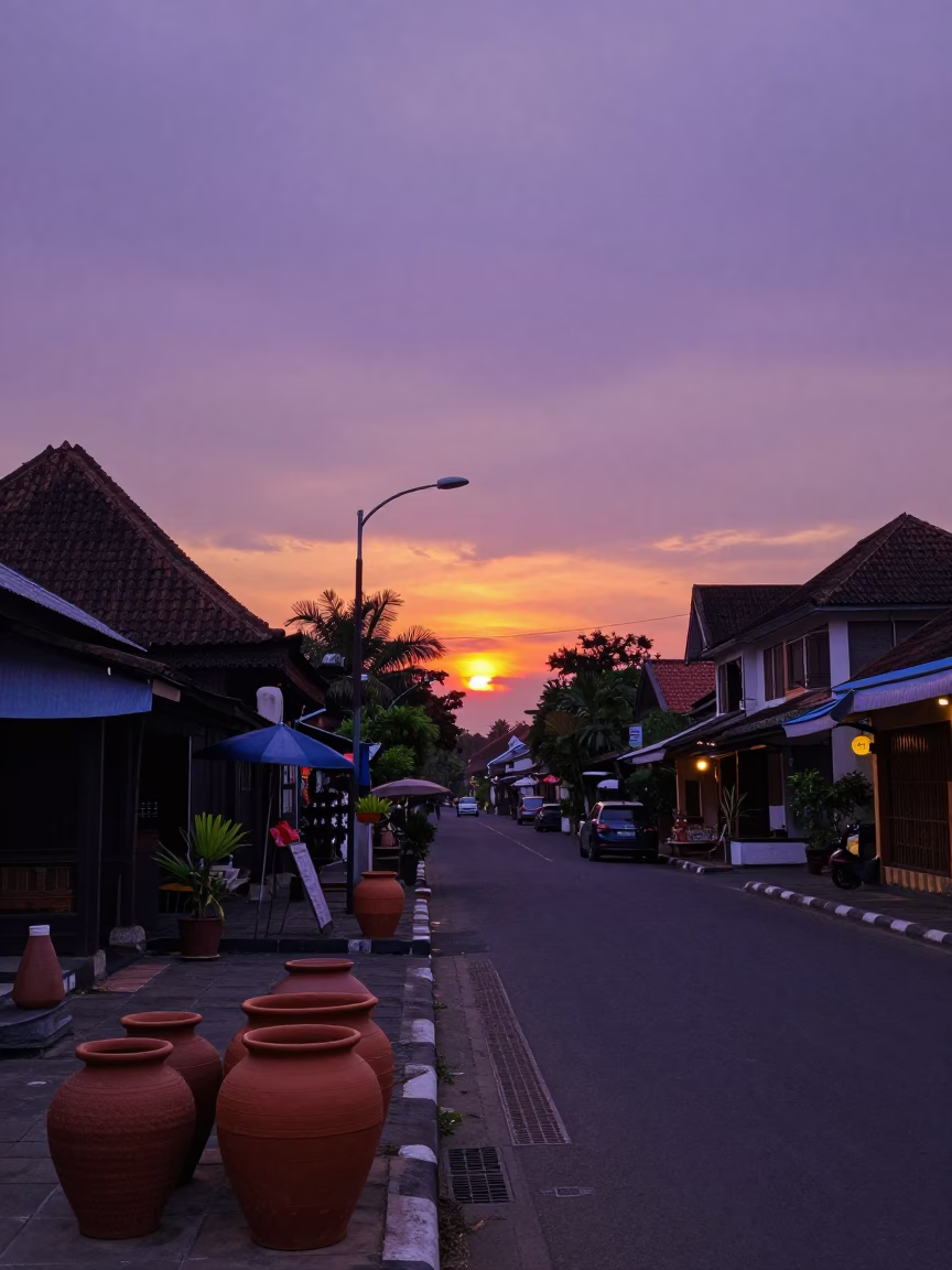 Yogyakarta Indonesia street scene at dusk with clay pots and local vendors near sunset in in Yogyakarta, Indonesia