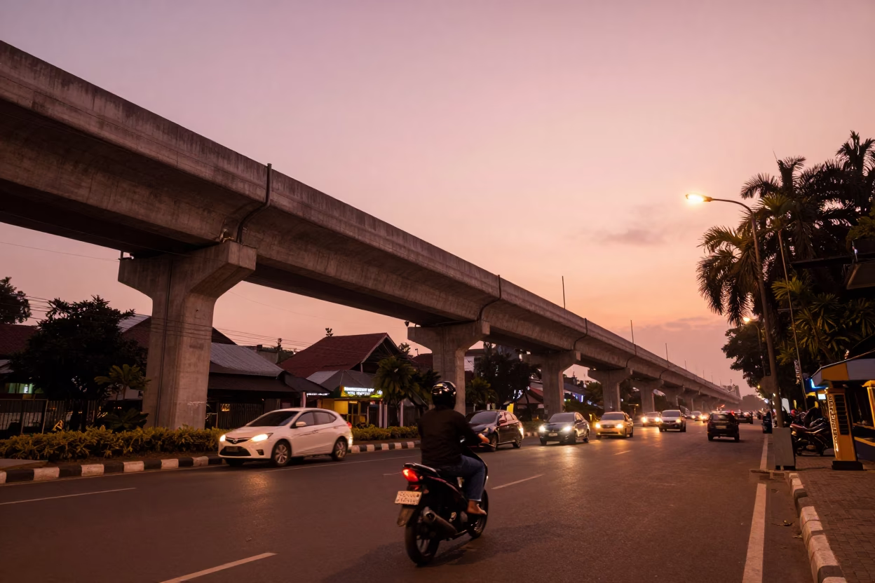 Yogyakarta Indonesia Street Scene at Dusk with Highway Flyover and Traditional Shop in in Yogyakarta, Indonesia