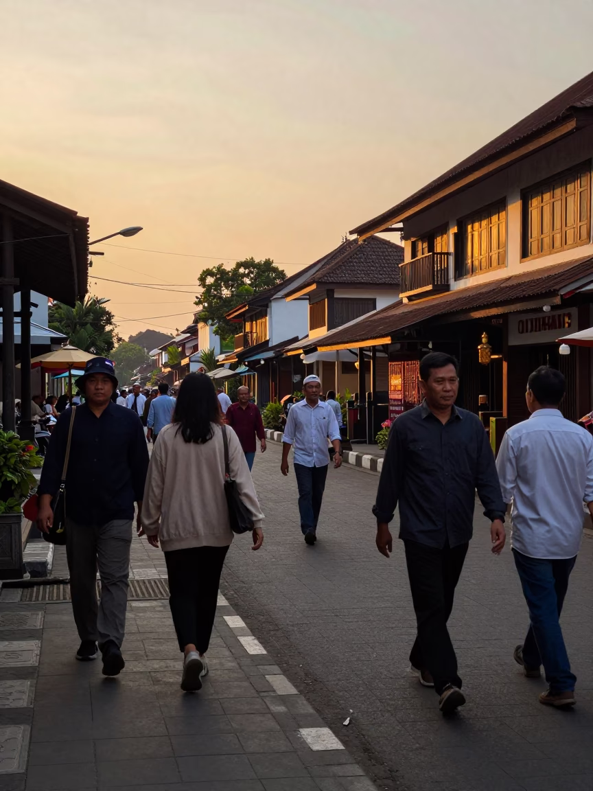 Yogyakarta Indonesia street scene at dusk with locals and traditional architecture in in Yogyakarta, Indonesia