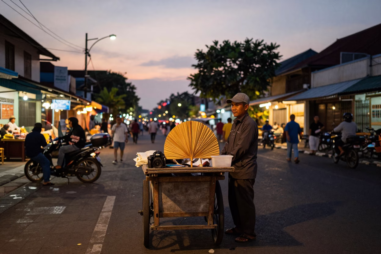 Yogyakarta Indonesia Street Scene at Dusk with Paper Fan and Plant Pot in in Yogyakarta, Indonesia