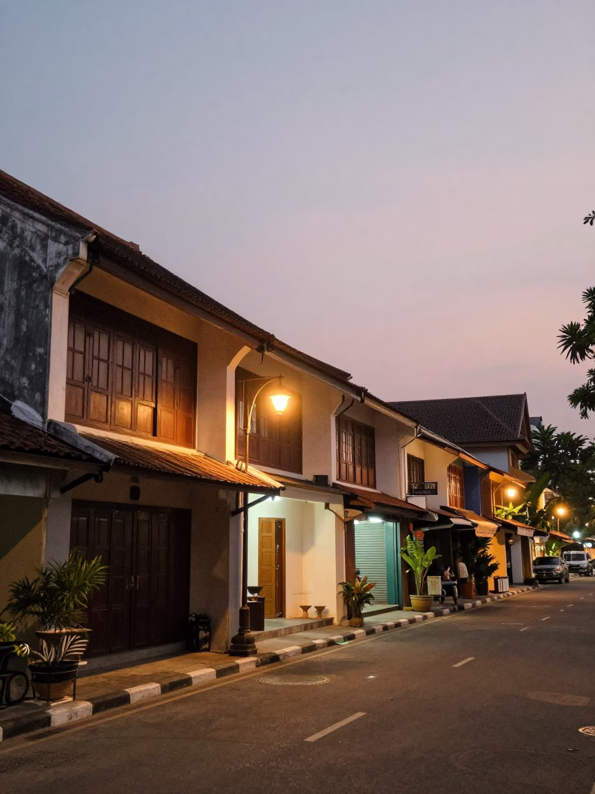 Yogyakarta Indonesia Street Scene at Dusk with Traditional Architecture and City Lights in in Yogyakarta, Indonesia