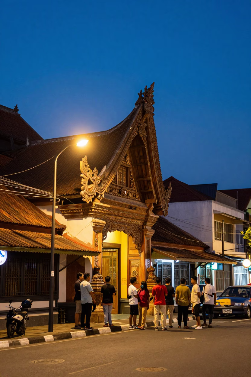 Yogyakarta Indonesia Street Scene at Dusk with Traditional Architecture and Evening Activity in in Yogyakarta, Indonesia