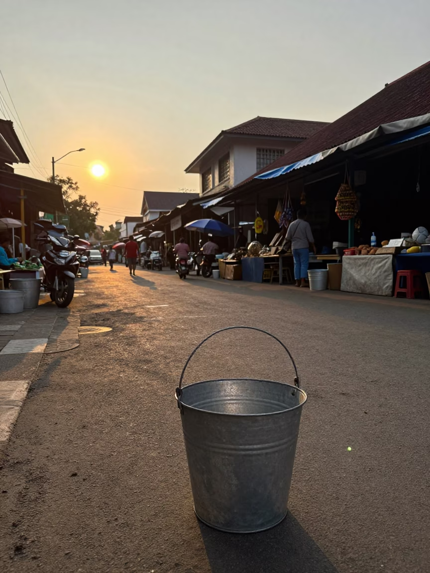 Yogyakarta Indonesia Street Scene at Golden Hour with Metal Bucket and Local Market Activity in in Yogyakarta, Indonesia