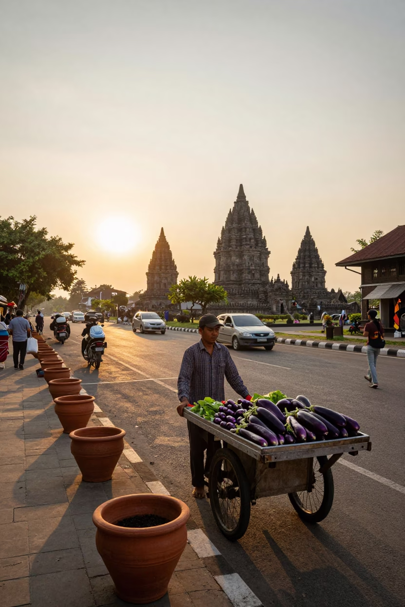 Yogyakarta Indonesia street scene at golden hour with terracotta pots and eggplants in in Yogyakarta, Indonesia