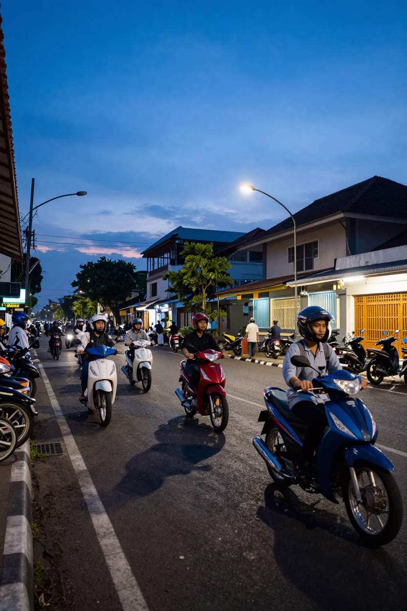 Yogyakarta Indonesia street scene at nautical dawn with motorbikes and street food vendor in in Yogyakarta, Indonesia