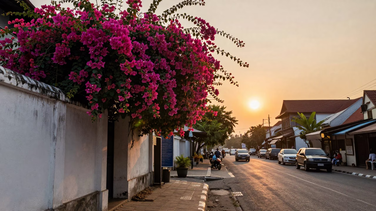 Yogyakarta Indonesia street scene at sunset with bougainvillea and local activity in in Yogyakarta, Indonesia