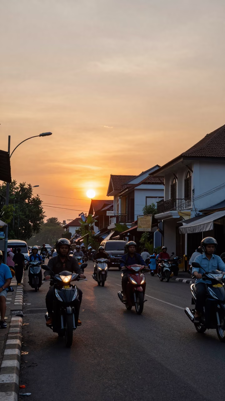 Yogyakarta Indonesia street scene at sunset with motorbikes and traditional architecture in in Yogyakarta, Indonesia