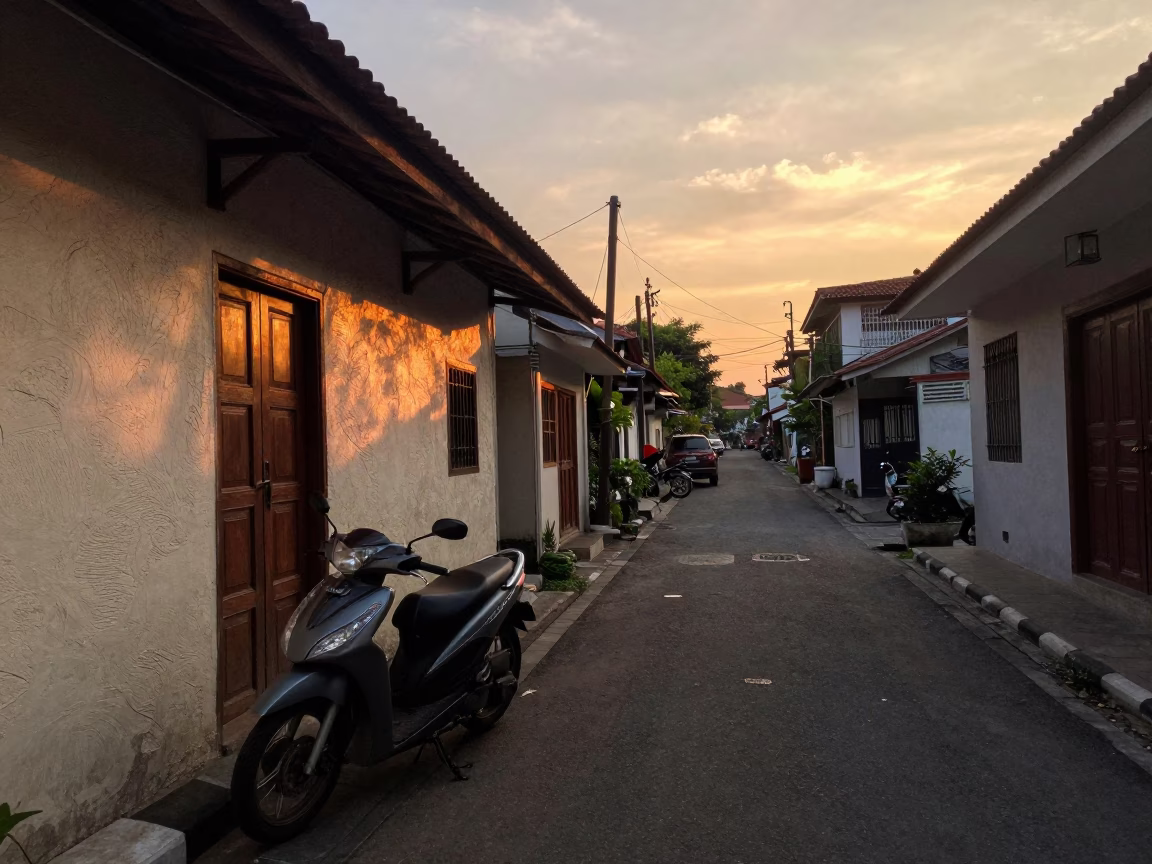 Yogyakarta Indonesia street scene at sunset with parked motorbike and traditional architecture in in Yogyakarta, Indonesia