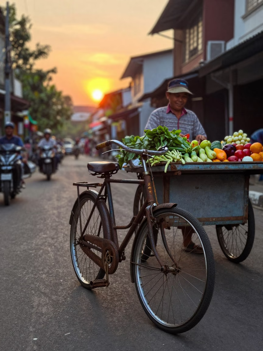 Yogyakarta Indonesia Street Scene at Sunset with Rusty Bicycle and Stone Architecture in in Yogyakarta, Indonesia