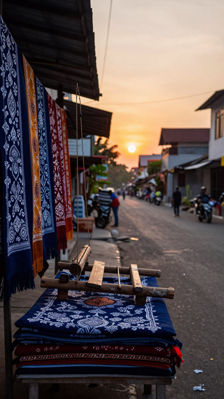 Yogyakarta Indonesia street scene at sunset with traditional batik textiles and rustic details in in Yogyakarta, Indonesia