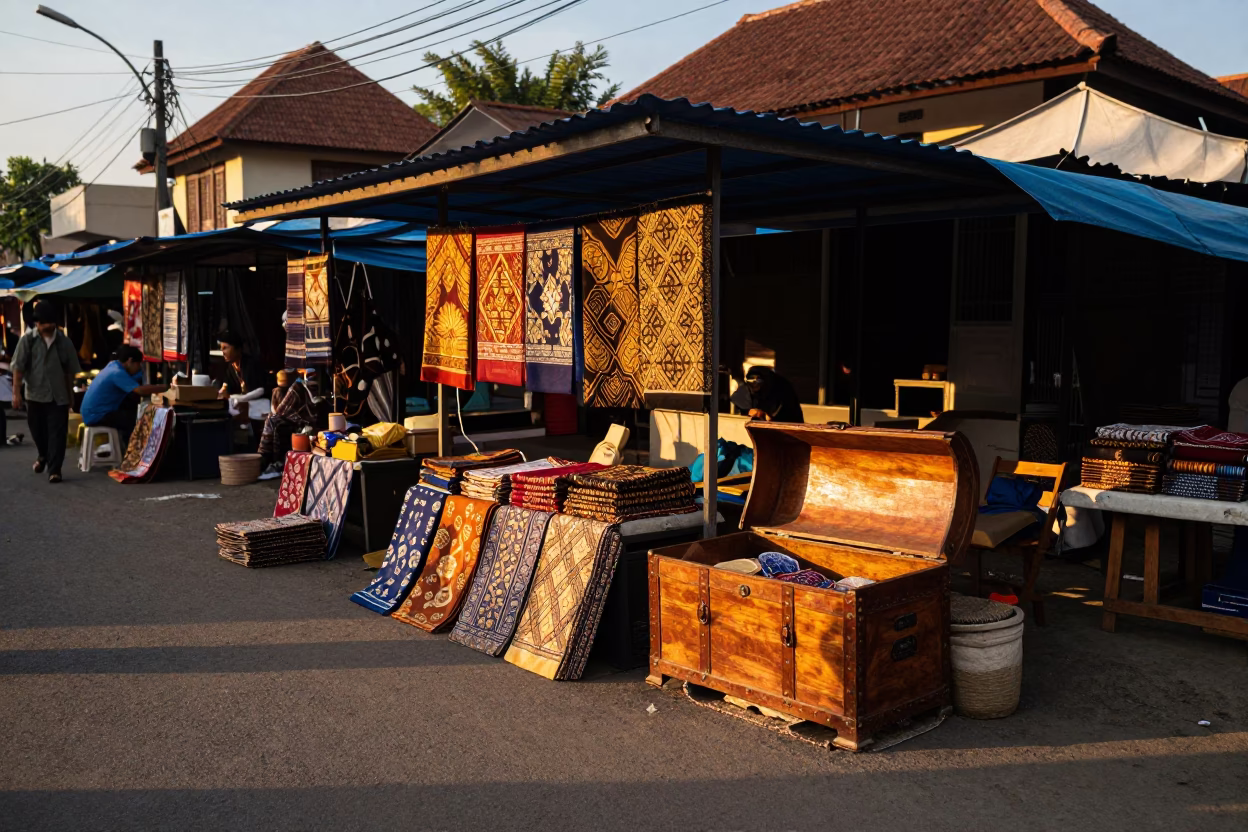Yogyakarta Indonesia street scene at sunset with traditional market goods and local vendors in in Yogyakarta, Indonesia