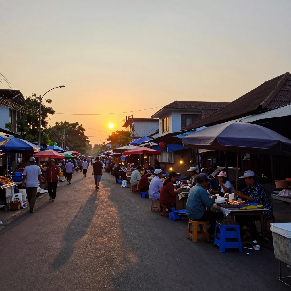 Yogyakarta Indonesia street scene at sunset with traditional market vendors and local commuters in in Yogyakarta, Indonesia