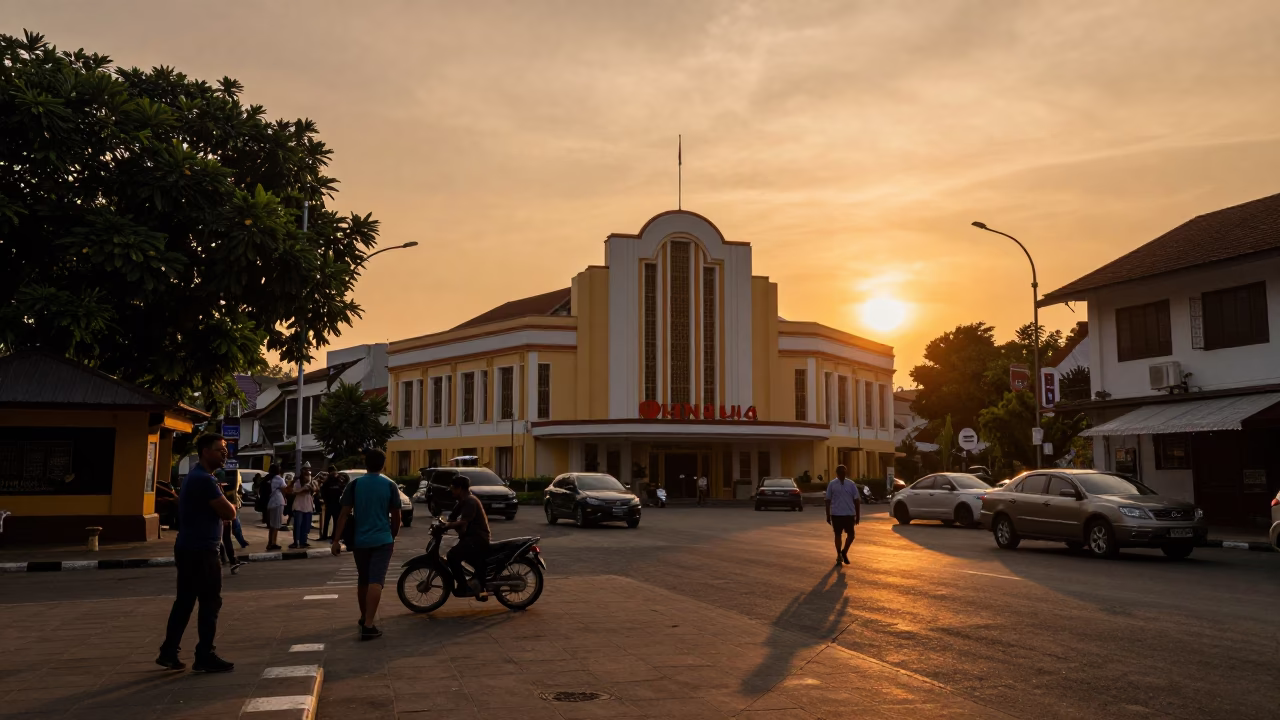 Yogyakarta Indonesia Street Scene at Sunset with Vintage Cinema and Local Life in in Yogyakarta, Indonesia