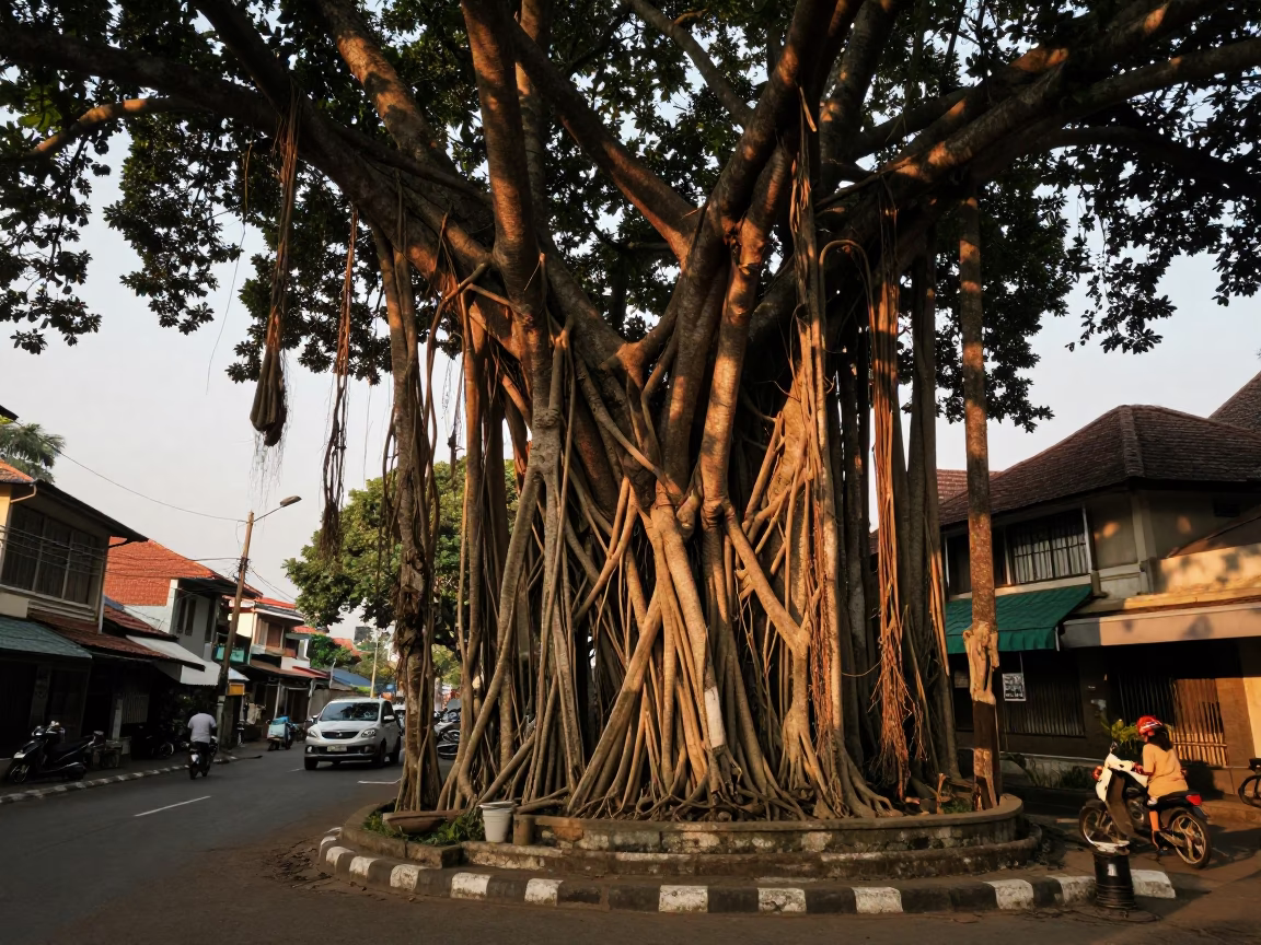 Yogyakarta Indonesia Street Scene Banyan Grove Aerial Roots Evening Light Realistic Photography in in Yogyakarta, Indonesia