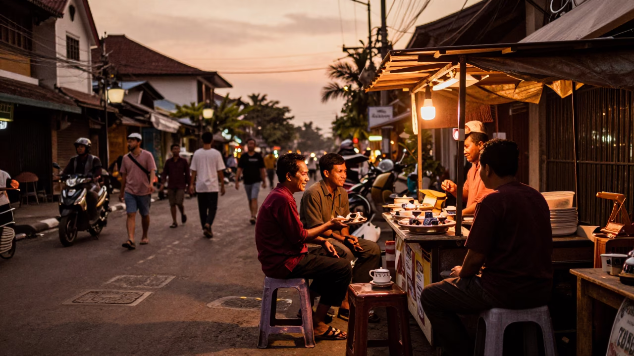 Yogyakarta Indonesia Street Scene Before Dusk with Tea Tray and Local Vendors in in Yogyakarta, Indonesia