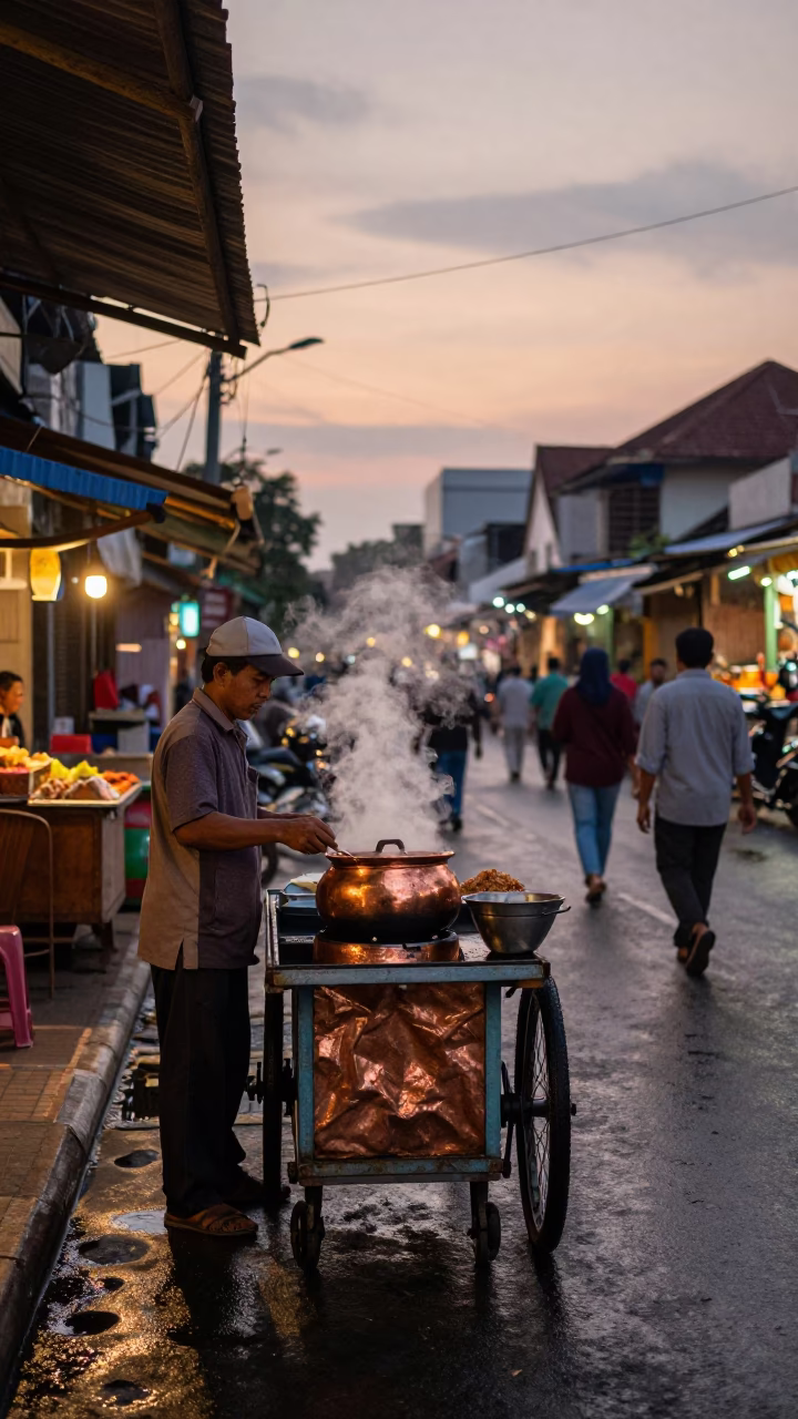 Yogyakarta Indonesia Street Scene Before Dusk with Traditional Claypot Rice Vendor and Copper Light in in Yogyakarta, Indonesia