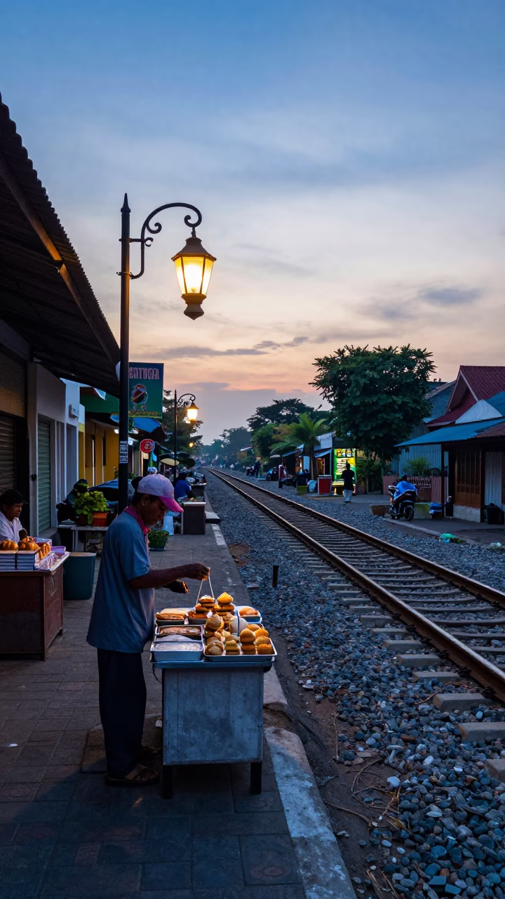 Yogyakarta Indonesia street scene before sunrise with lantern and railway viaduct in in Yogyakarta, Indonesia