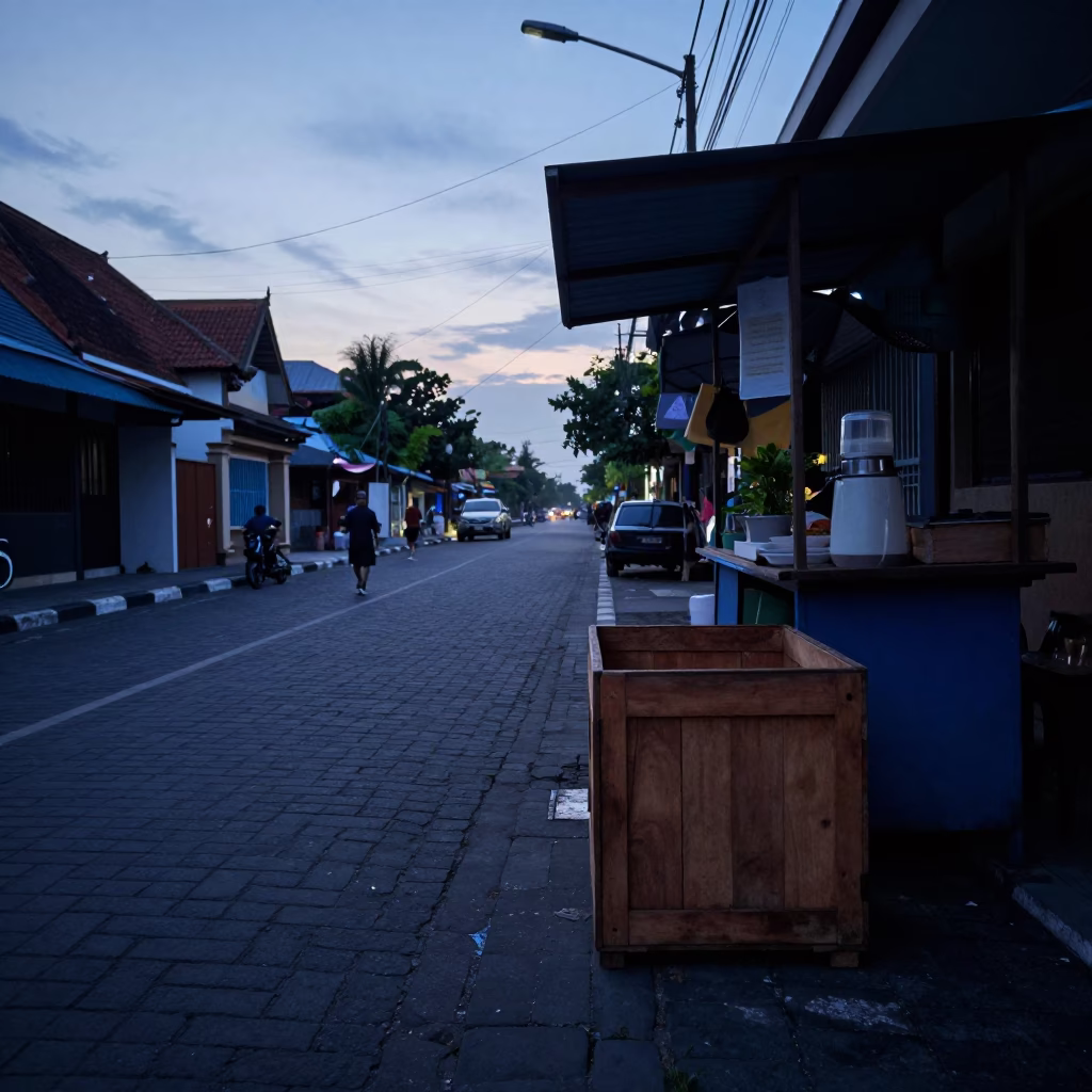 Yogyakarta Indonesia Street Scene Before Sunrise with Wooden Crate and Morning Activity in in Yogyakarta, Indonesia