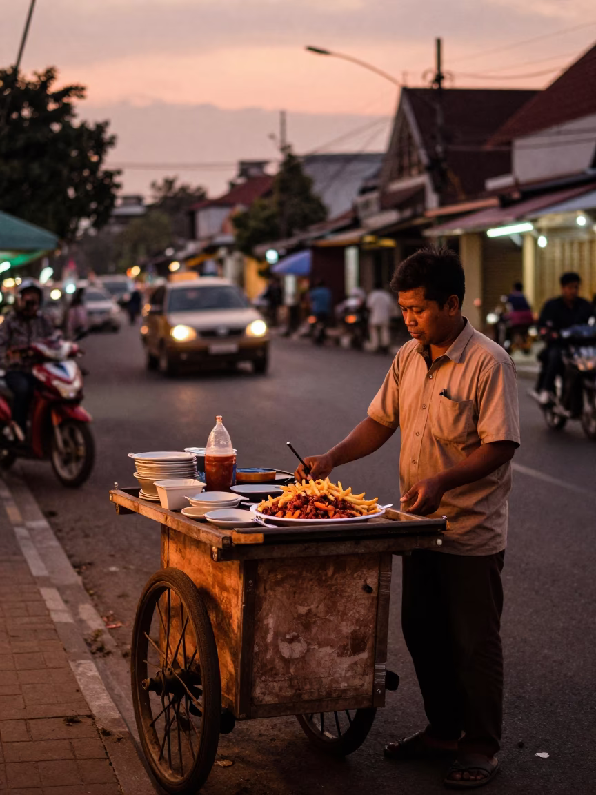 Yogyakarta Indonesia Street Scene Copper Dusk Light with Local Vendor and Bicycle in in Yogyakarta, Indonesia