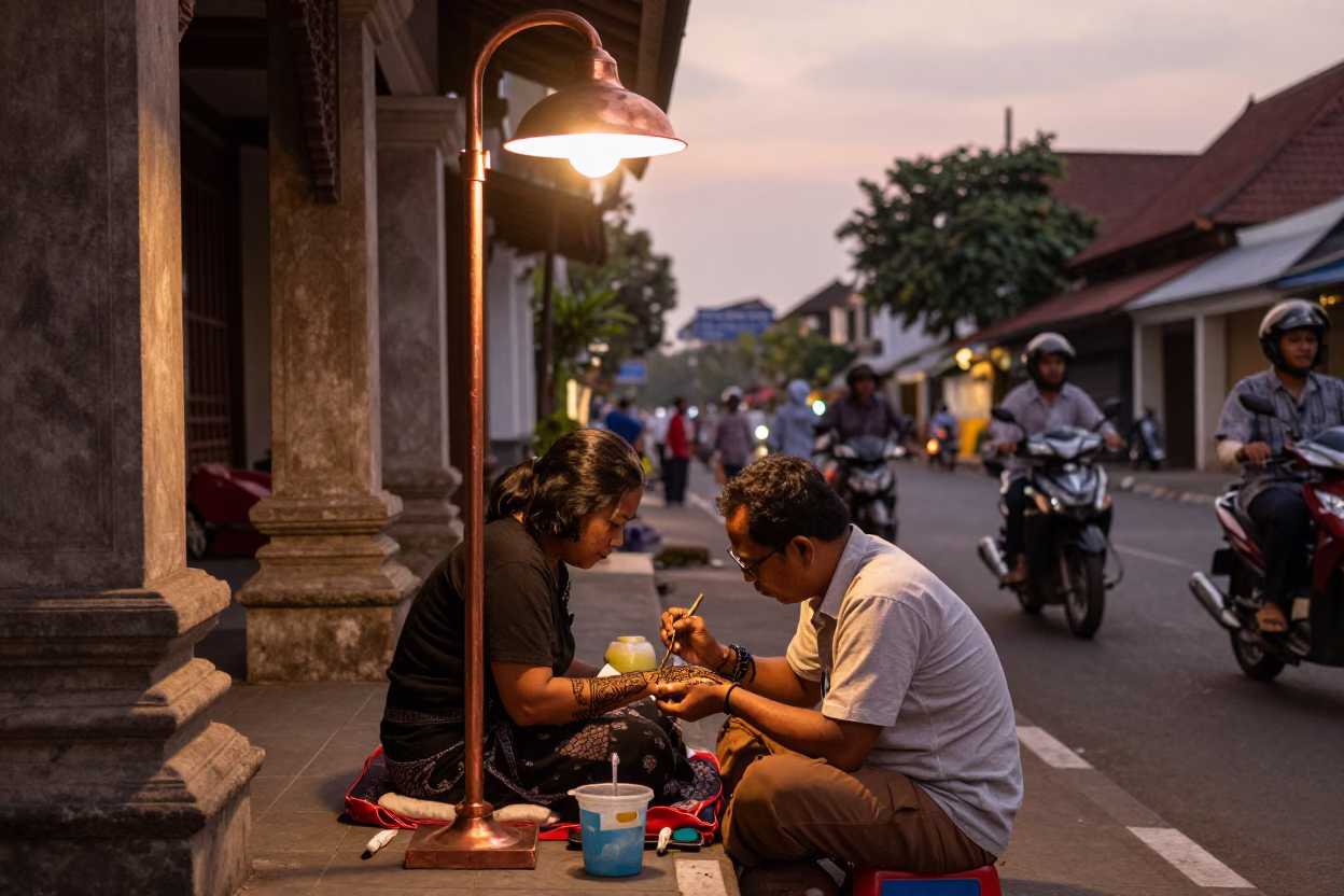 Yogyakarta Indonesia street scene copper light before dusk with henna artist and local interaction in in Yogyakarta, Indonesia