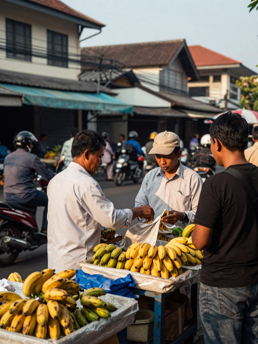 Yogyakarta Indonesia Street Scene Early Afternoon Local Vendor Selling Bananas in in Yogyakarta, Indonesia