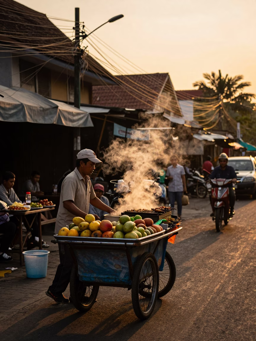 Yogyakarta Indonesia street scene evening light with local vendors and traditional architecture in in Yogyakarta, Indonesia