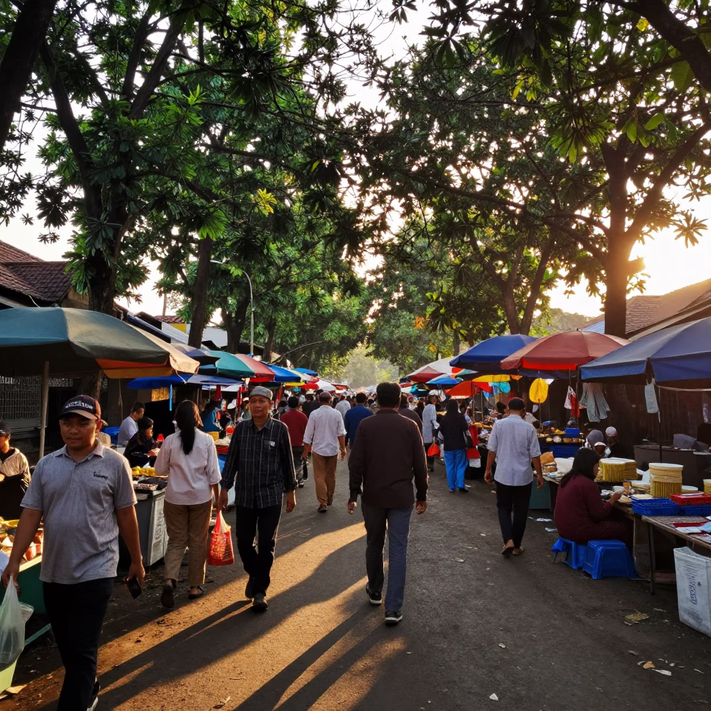 Yogyakarta Indonesia Street Scene Golden Hour Busy Market Activity in in Yogyakarta, Indonesia