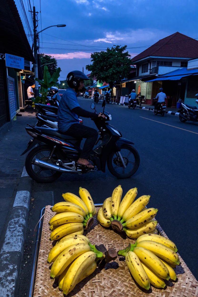 Yogyakarta Indonesia street scene indigo twilight with motorbike and bananas in in Yogyakarta, Indonesia