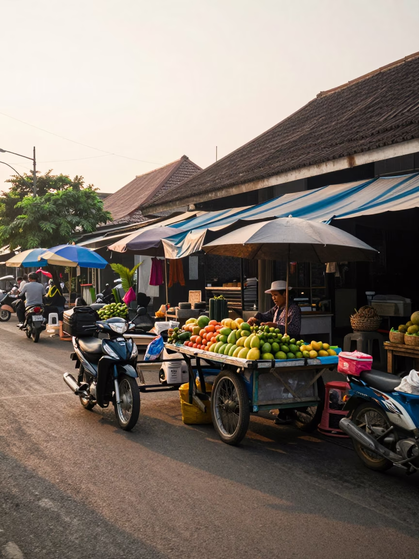 Yogyakarta Indonesia Street Scene Just After Sunrise with Local Market Activity in in Yogyakarta, Indonesia