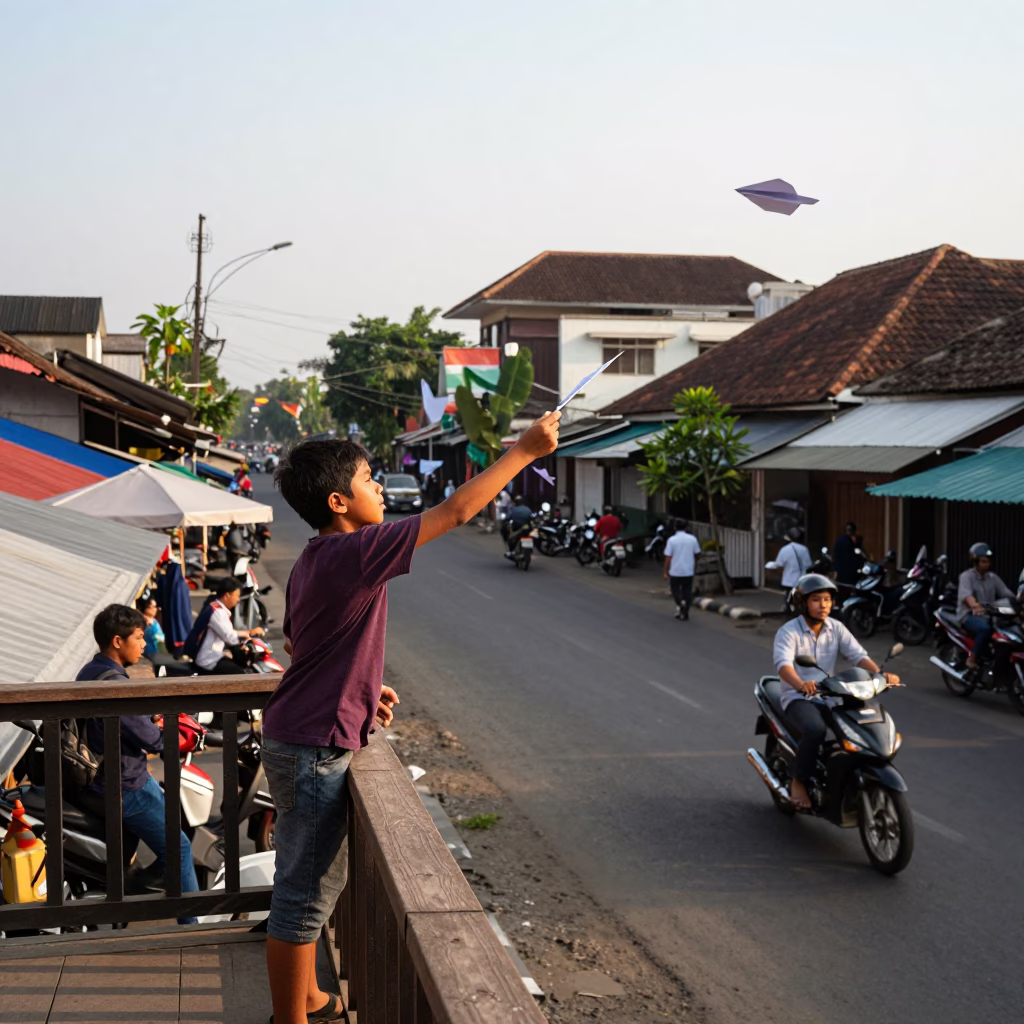 Yogyakarta Indonesia street scene late afternoon with boy flying paper airplane from balcony in in Yogyakarta, Indonesia