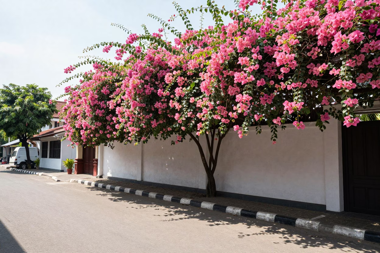 Yogyakarta Indonesia Street Scene Noon Sunlight Bougainvillea Wall and Local Market Activity in in Yogyakarta, Indonesia