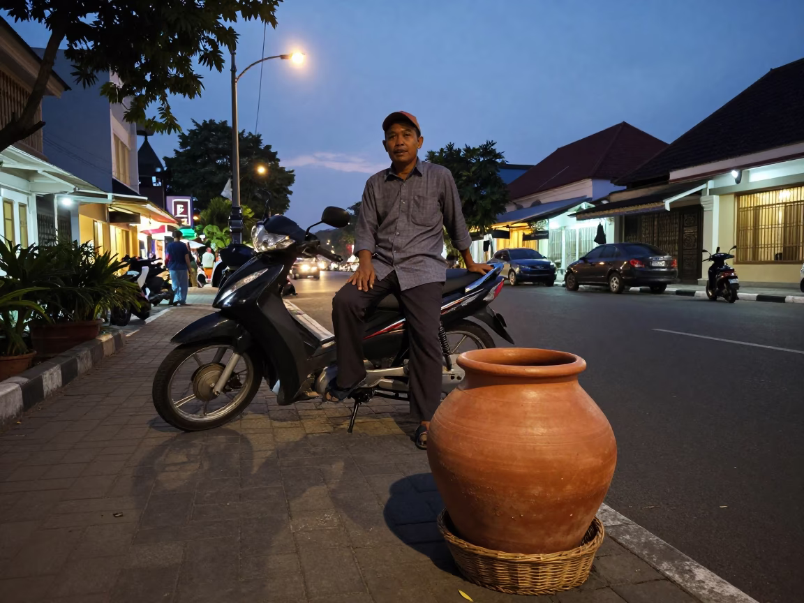 Yogyakarta Indonesia street scene twilight with terracotta pot and wicker shadow on tile grout in in Yogyakarta, Indonesia