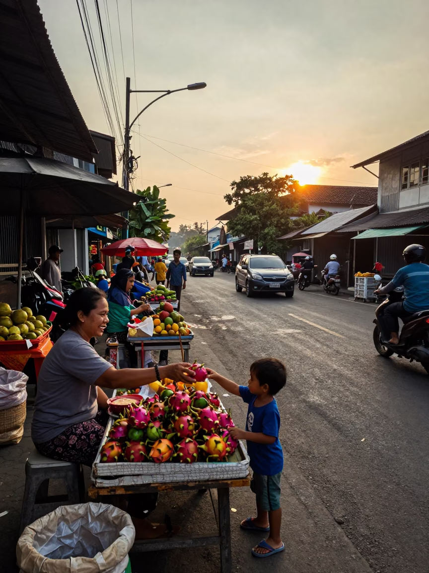 Yogyakarta Indonesia street scene with dragon fruit and local life at sunset in in Yogyakarta, Indonesia