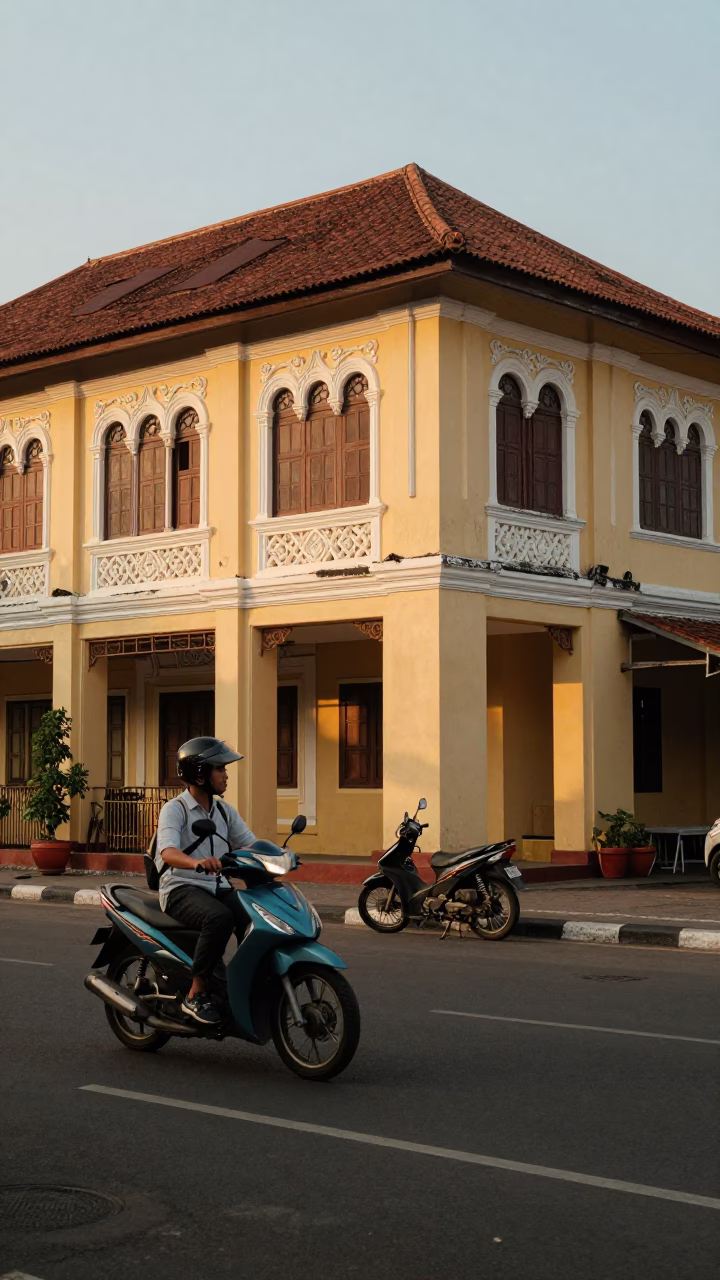 Yogyakarta Indonesia street scene with motorbike and colonial architecture in evening light in in Yogyakarta, Indonesia